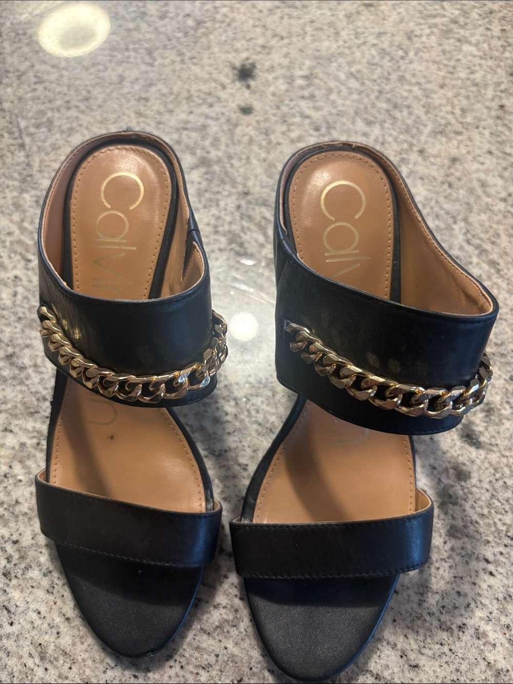 Calvin Klein Black Slide Mules with Gold Chain Accent